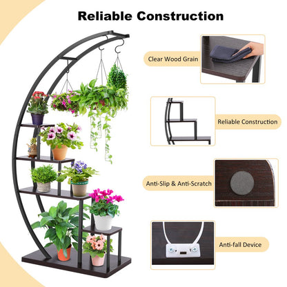 5 Tier Plant Stand for Indoor Plants, Half Moon Shape Plant Shelf with Hanging Hook, Multiple Planter Display for Home Decor, Living Room, Balcony, and Bedroom