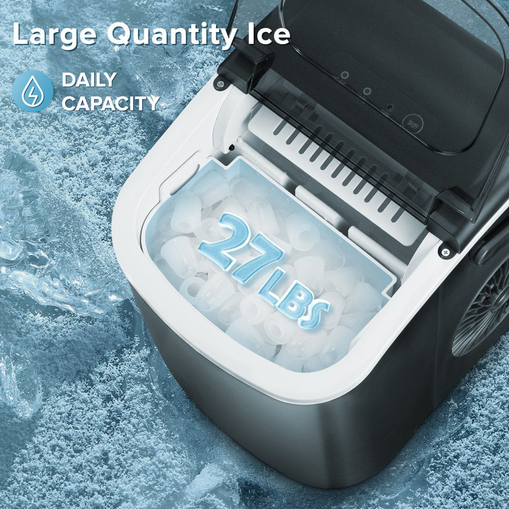 Countertop Ice Maker, Portable Ice Machine with Handle, 26Lbs/24H, 9 Cubes Ready in 6 Mins, One-Click Operation Ice Makers with Ice Scoop and Basket, for Kitchen/Office/Bar/Party (Black)